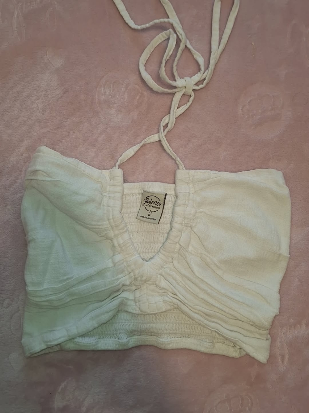 Blanco Off-White Ruched Halter Crop Top
